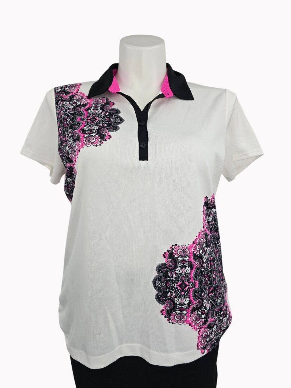 EP New York Womens XL White Polo Shirt With Black & Pink Floral Design